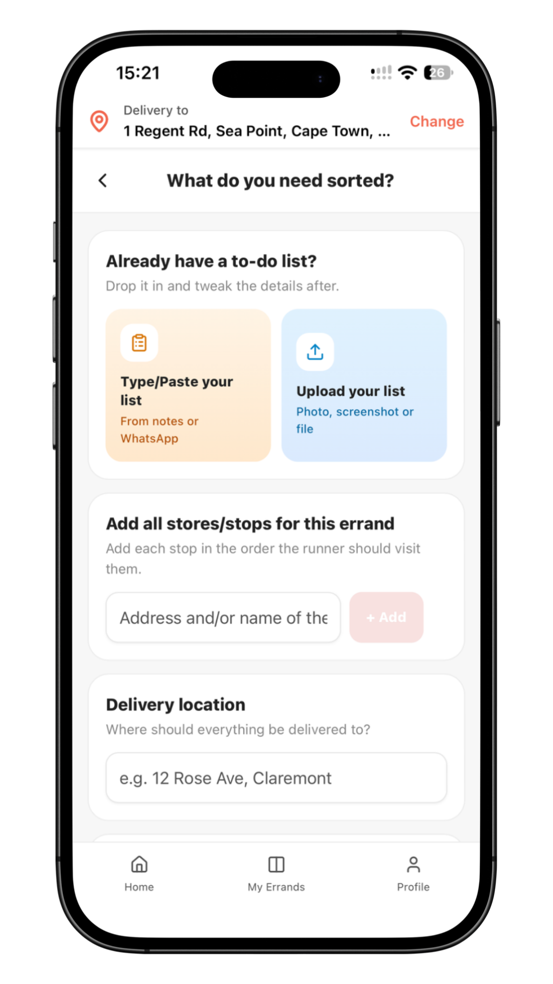 Errand list screen in the Get Sorted app