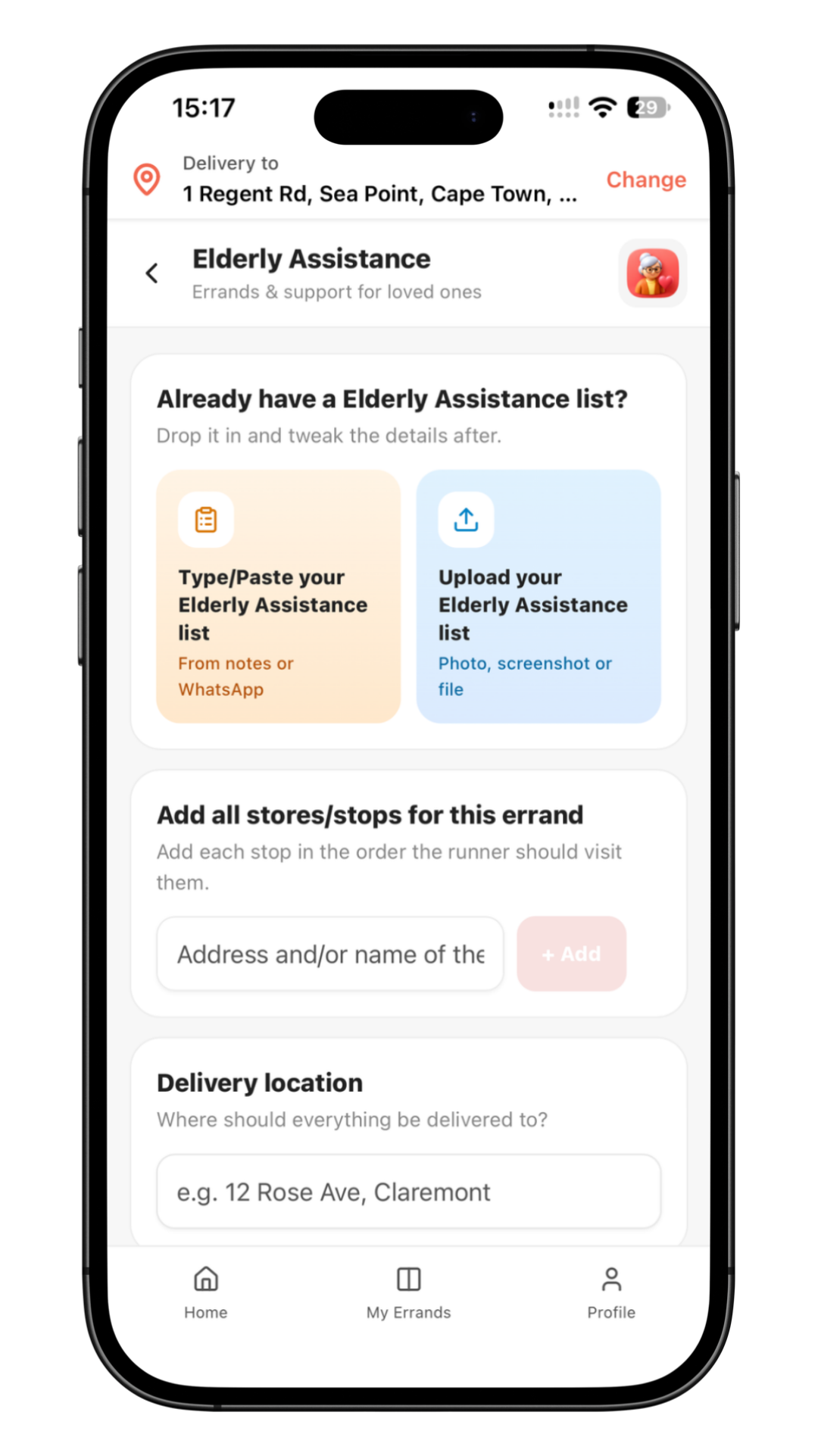 Elderly Assistance screen in the Get Sorted app