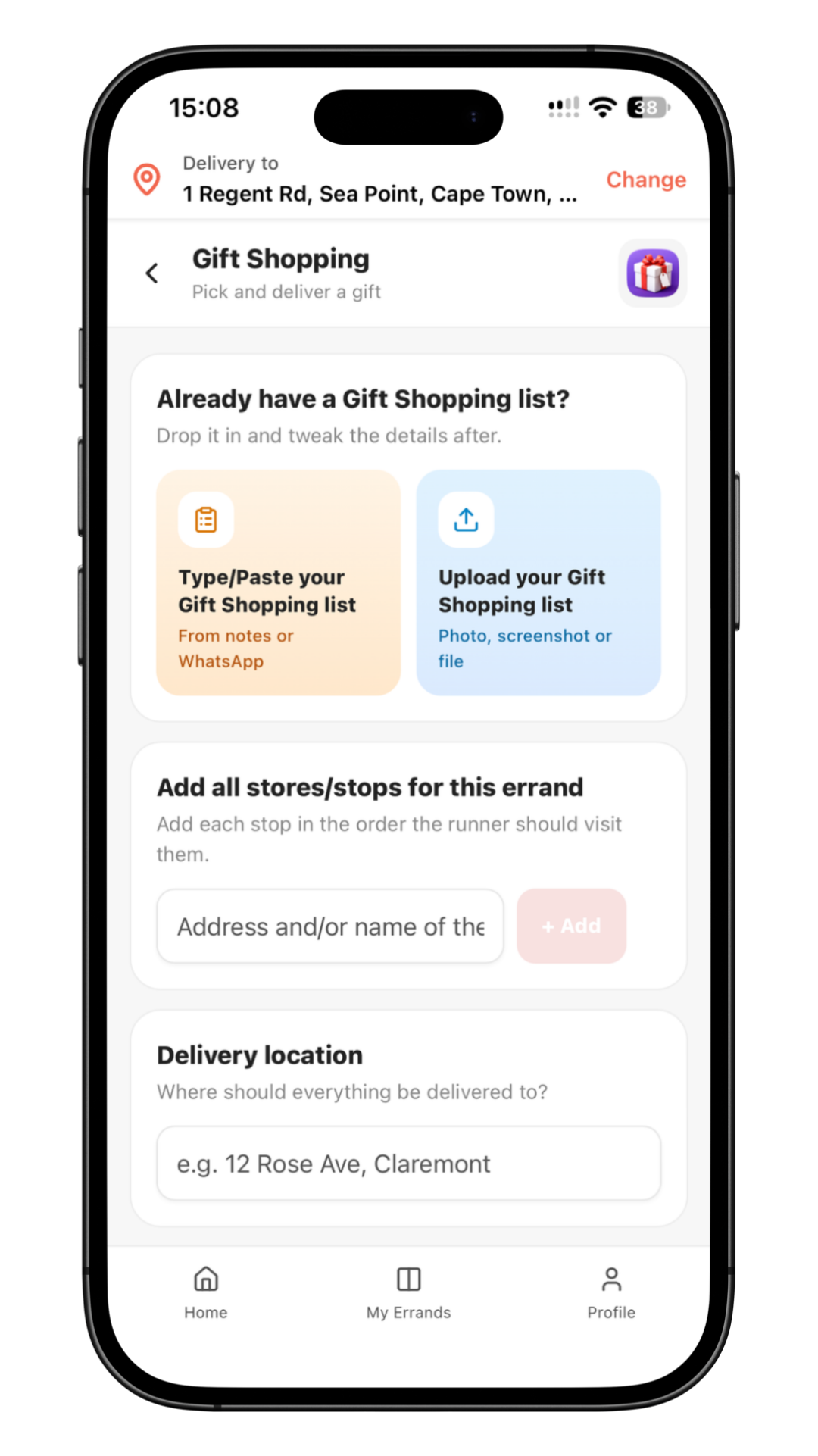 Gift Shopping screen in the Get Sorted app