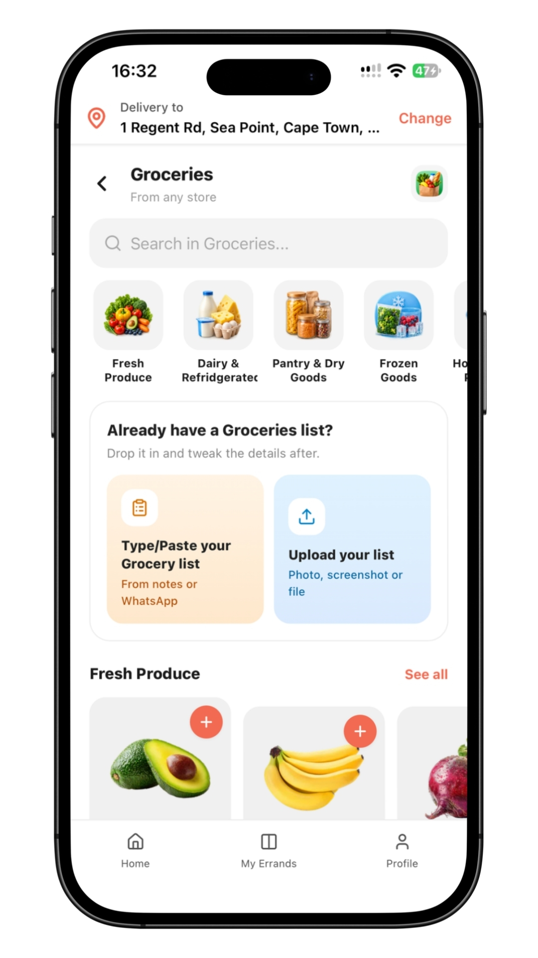 Groceries screen in the Get Sorted app