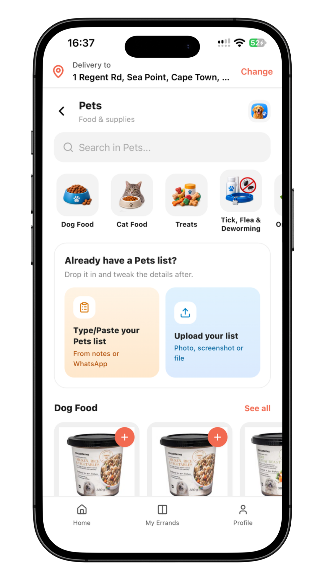Pets screen in the Get Sorted app